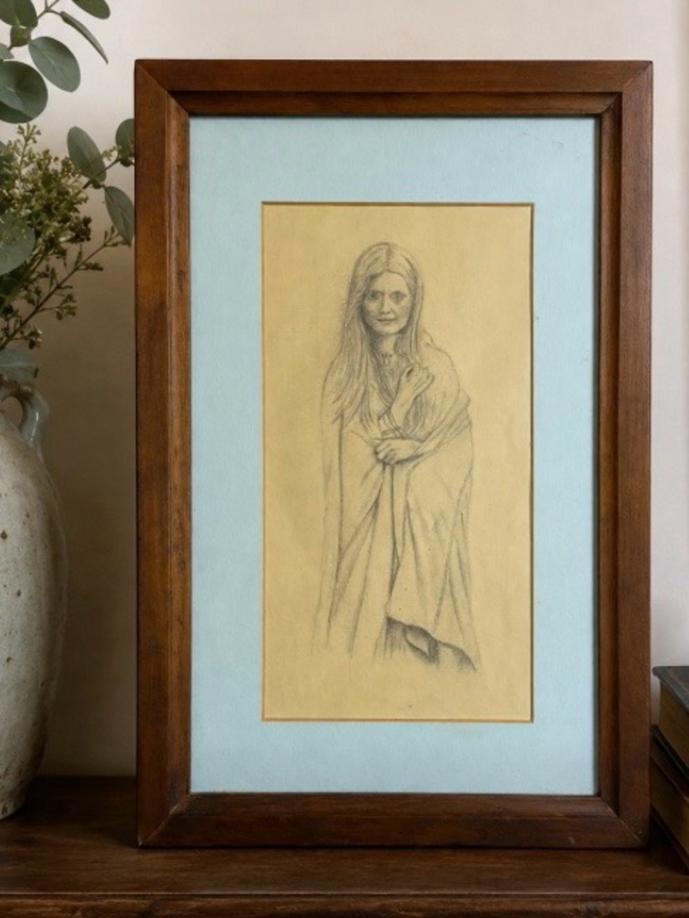 VTG Original Graphite Pencil Portrait Drawing Young Woman Framed & Matted Boho